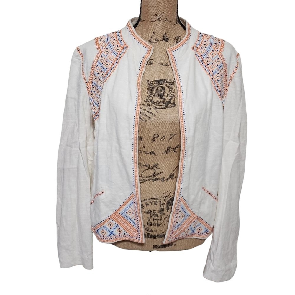 Nurture Women White Linen Blend Embroidered Open Front Jacket Sequin Accents L